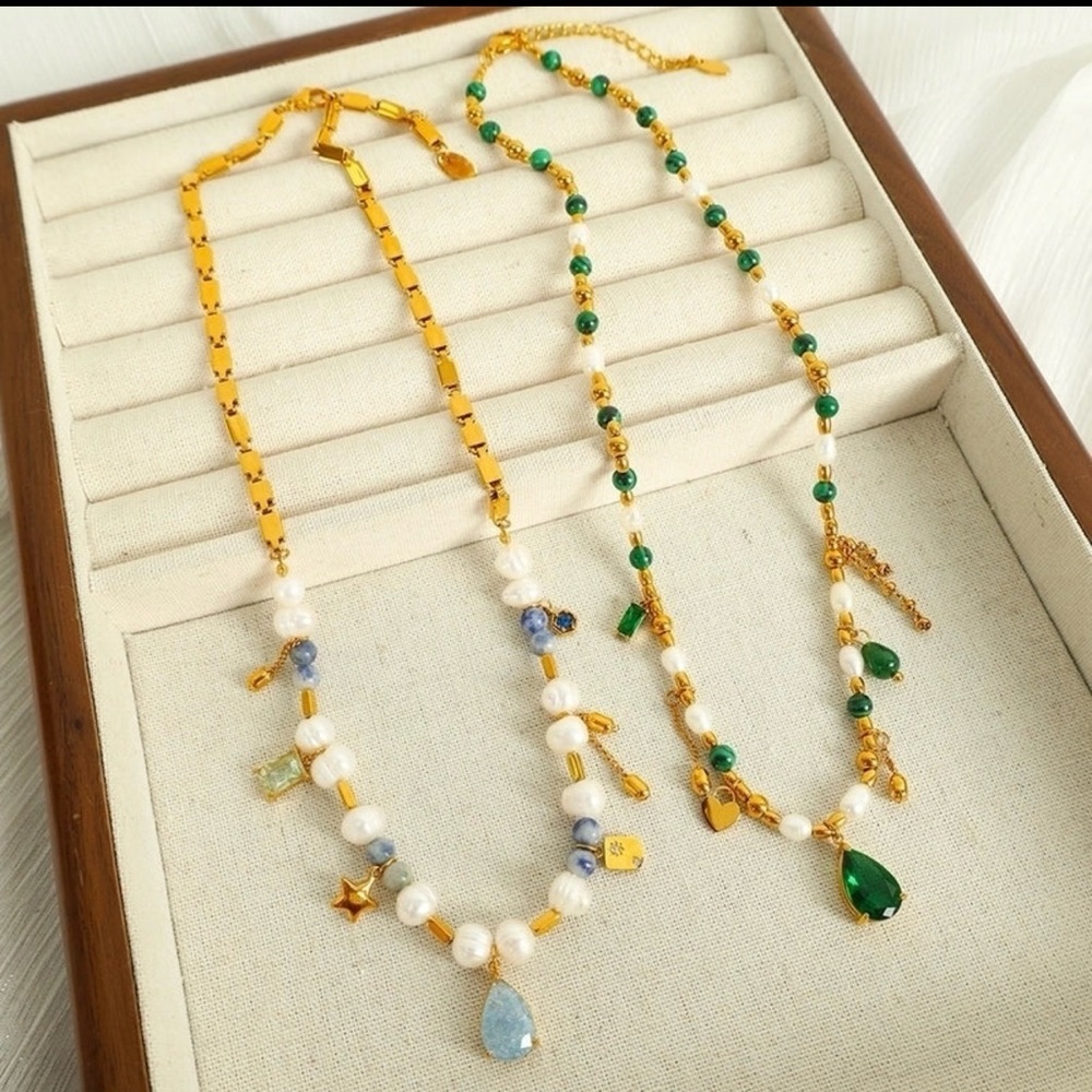 Gold and White Pearl Necklace with Blue Accents - Picture 2 of 5